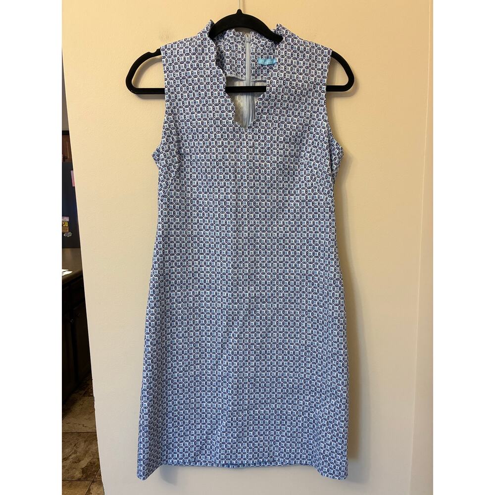 J. McLaughlin Vilma Print Dress Scalloped Neckline Blue Sleeveless Size 6